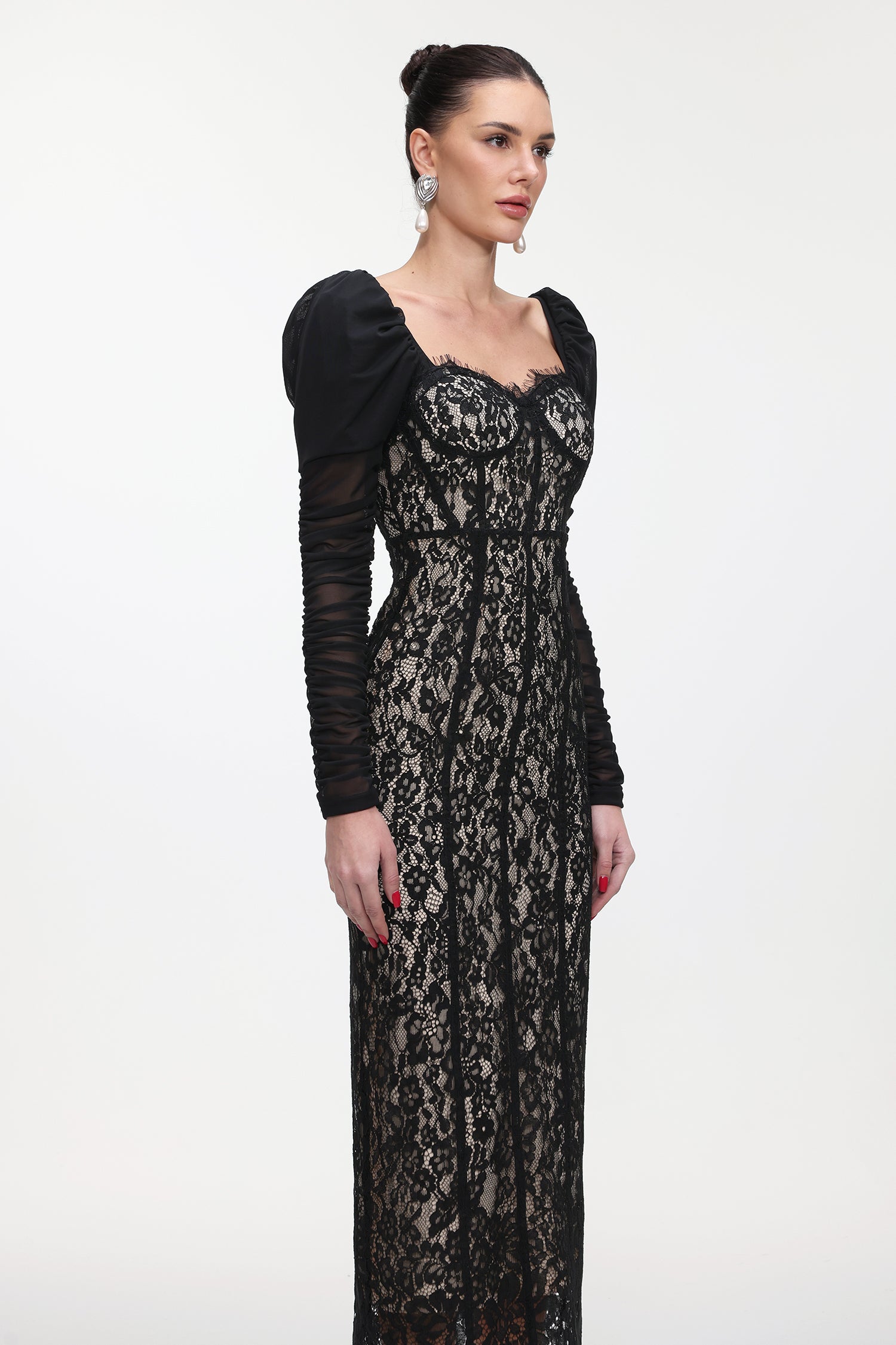 Fenby Contour Long Sleeve Ruched Lace Maxi Dress	