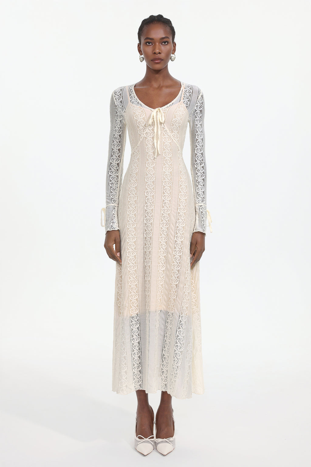 Katya Romantic Contour Long Sleeve Bow Lace White Maxi Dress	