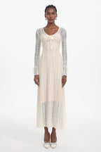 Katya Romantic Contour Long Sleeve Bow Lace White Maxi Dress	
