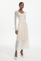 Katya Romantic Contour Long Sleeve Bow Lace White Maxi Dress	