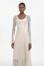 Katya Romantic Contour Long Sleeve Bow Lace White Maxi Dress	