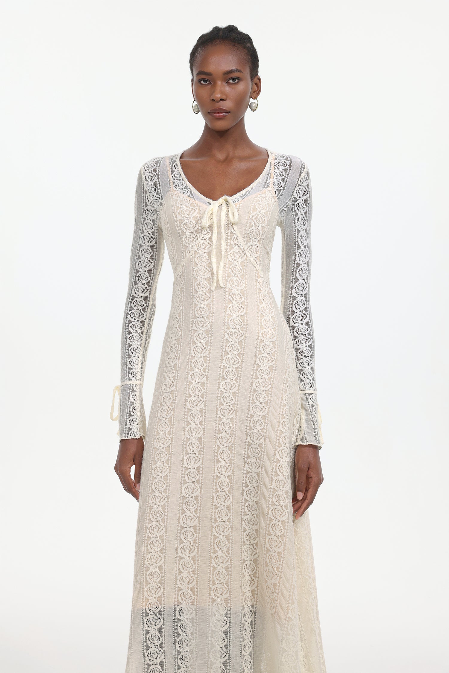 Katya Romantic Contour Long Sleeve Bow Lace White Maxi Dress	