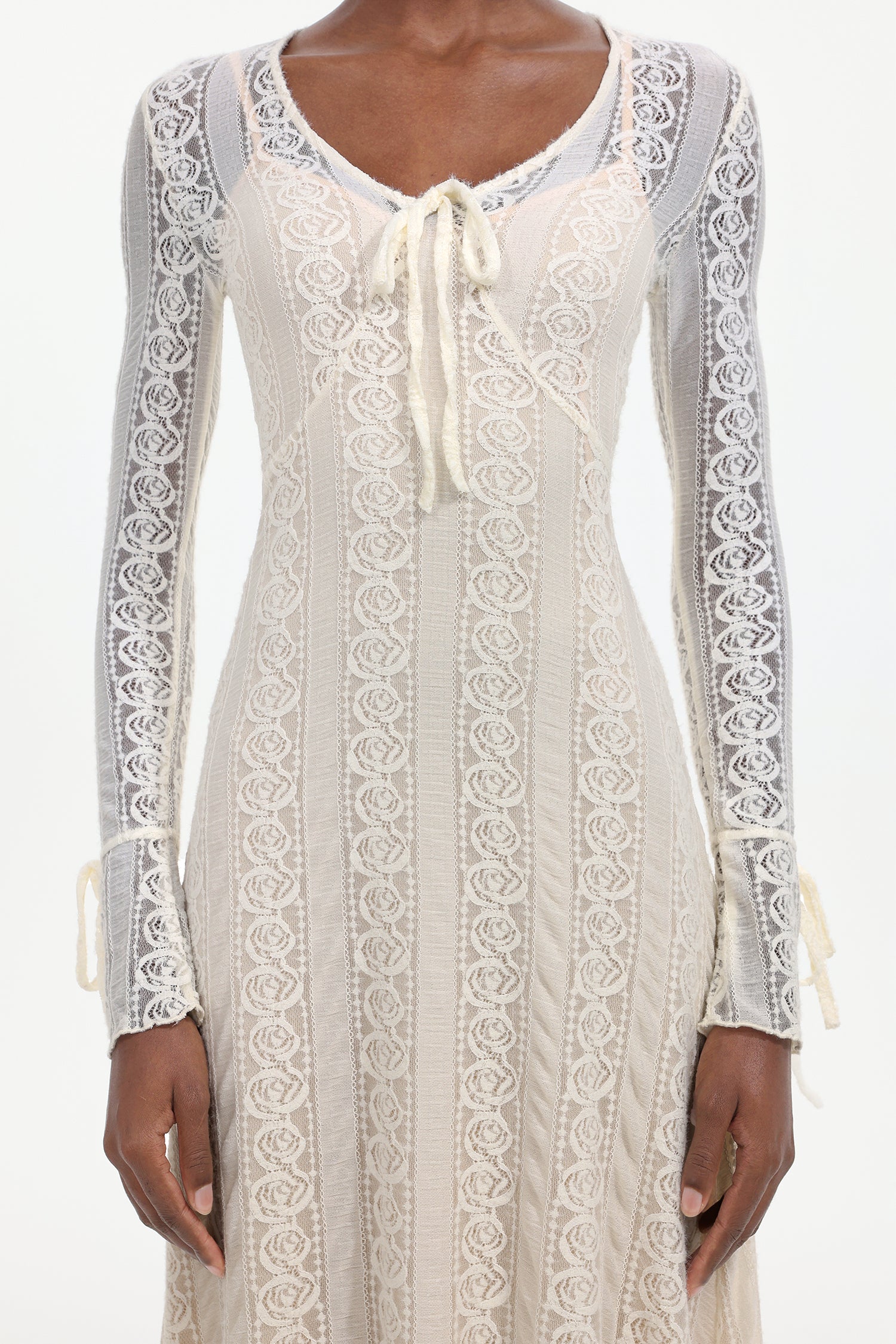 Katya Romantic Contour Long Sleeve Bow Lace White Maxi Dress	