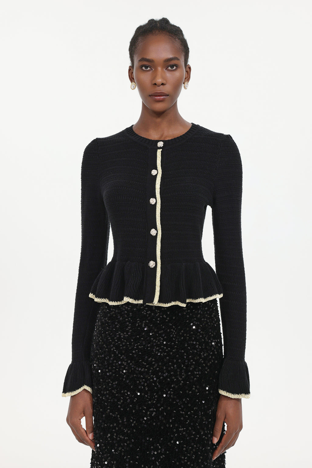 Zalma Elegant Contour Round Neck Long Sleeve Ruffle Knit Top	
