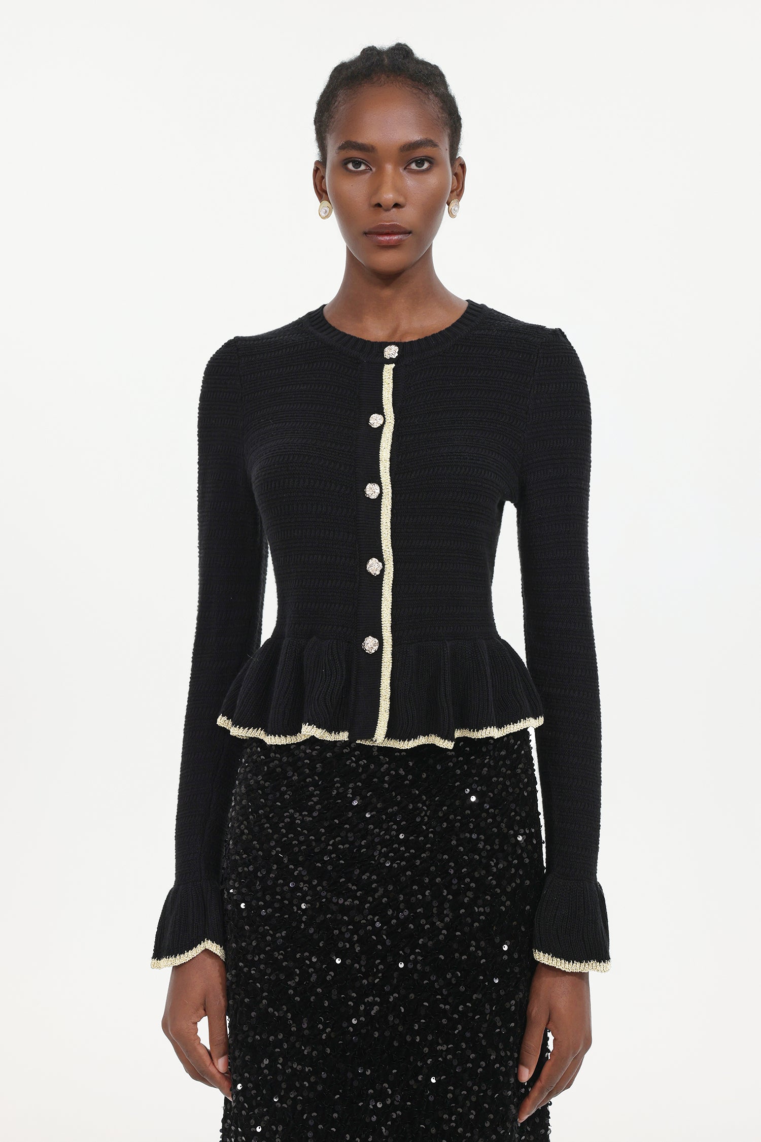 Zalma Elegant Contour Round Neck Long Sleeve Ruffle Knit Top	