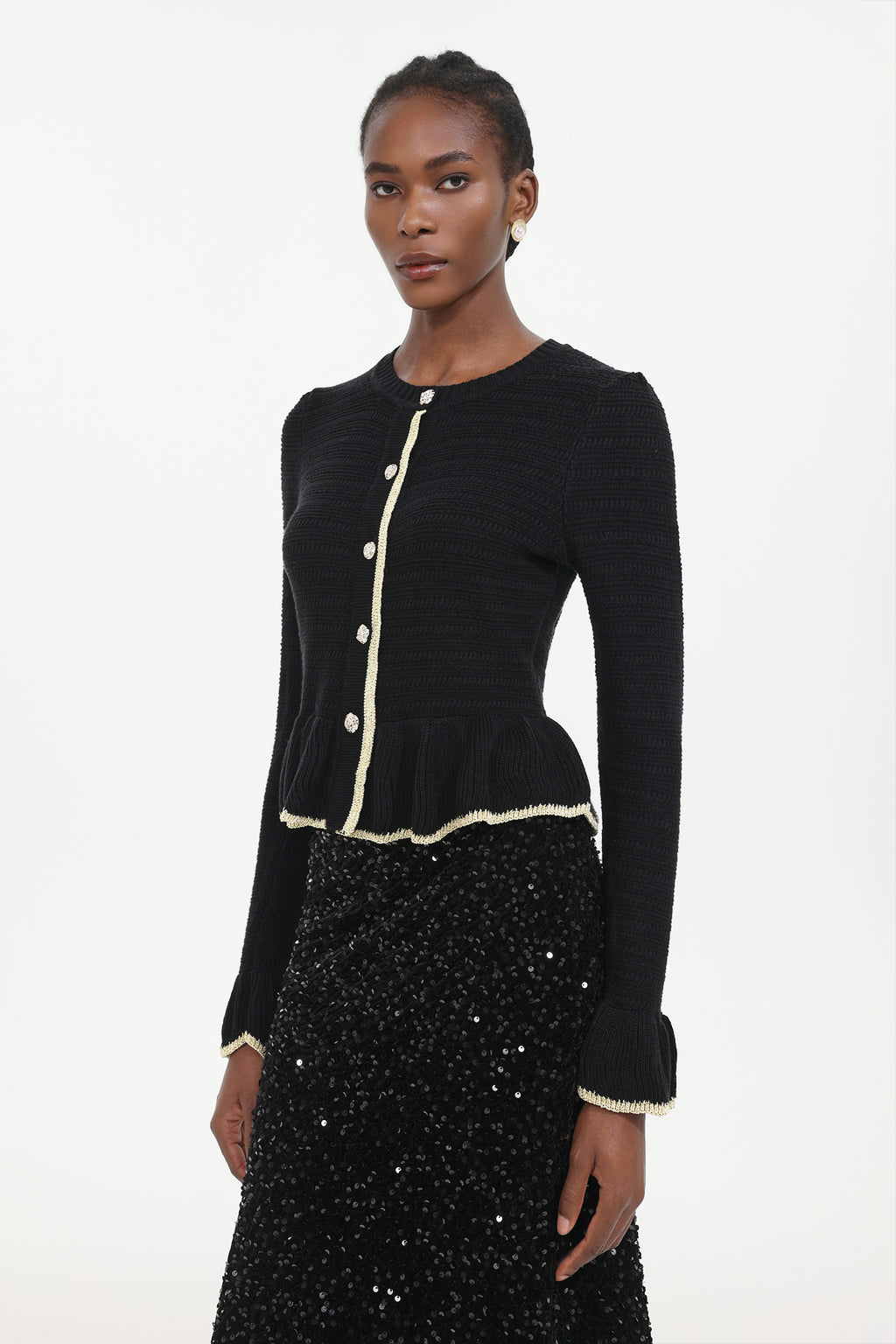 Zalma Elegant Contour Round Neck Long Sleeve Ruffle Knit Top	