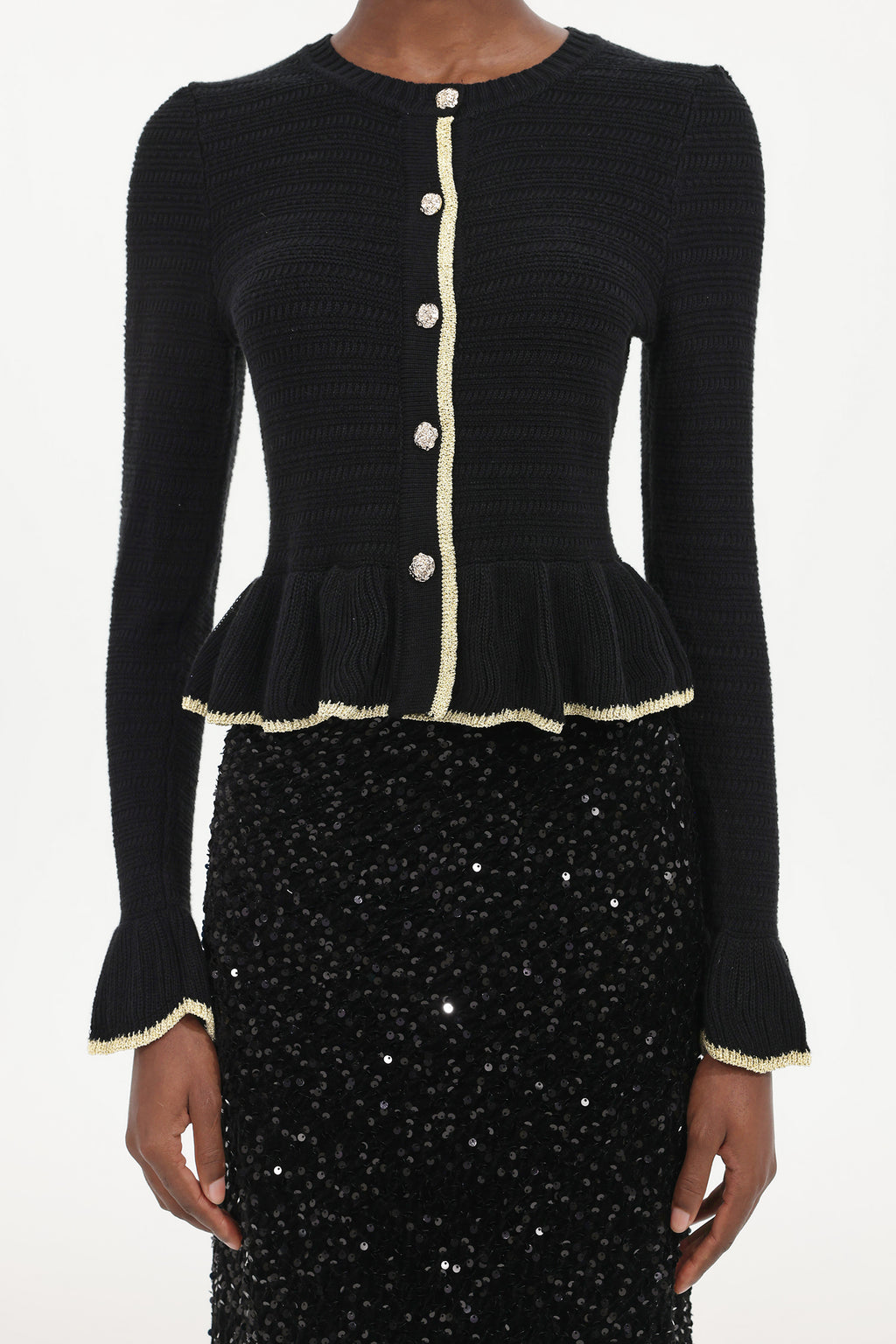 Zalma Elegant Contour Round Neck Long Sleeve Ruffle Knit Top	