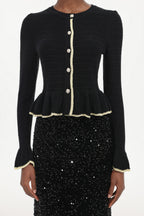 Zalma Elegant Contour Round Neck Long Sleeve Ruffle Knit Top	