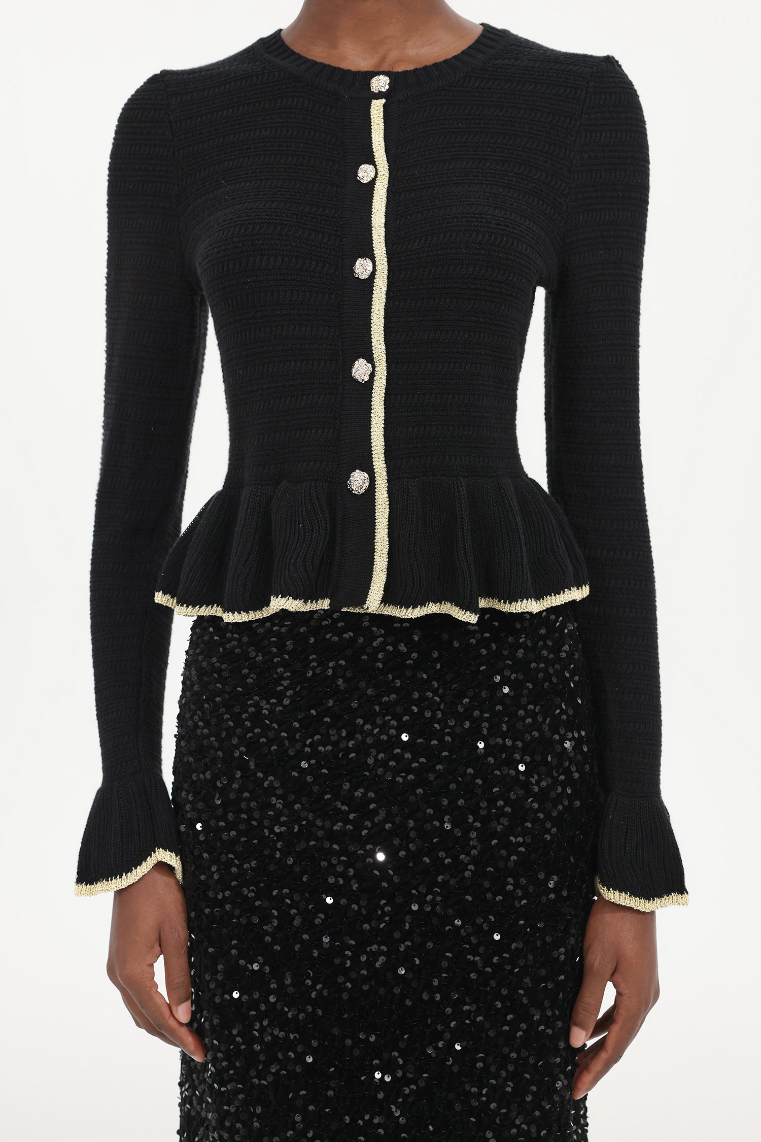 Zalma Elegant Contour Round Neck Long Sleeve Ruffle Knit Top	