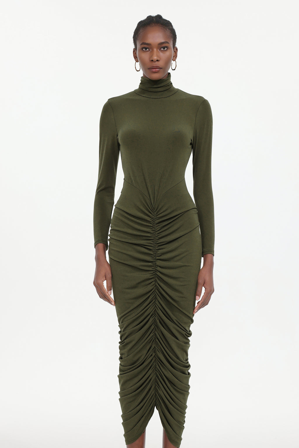 Tesare Elegant Contour Long Sleeve Ruched Knit Maxi Dress	