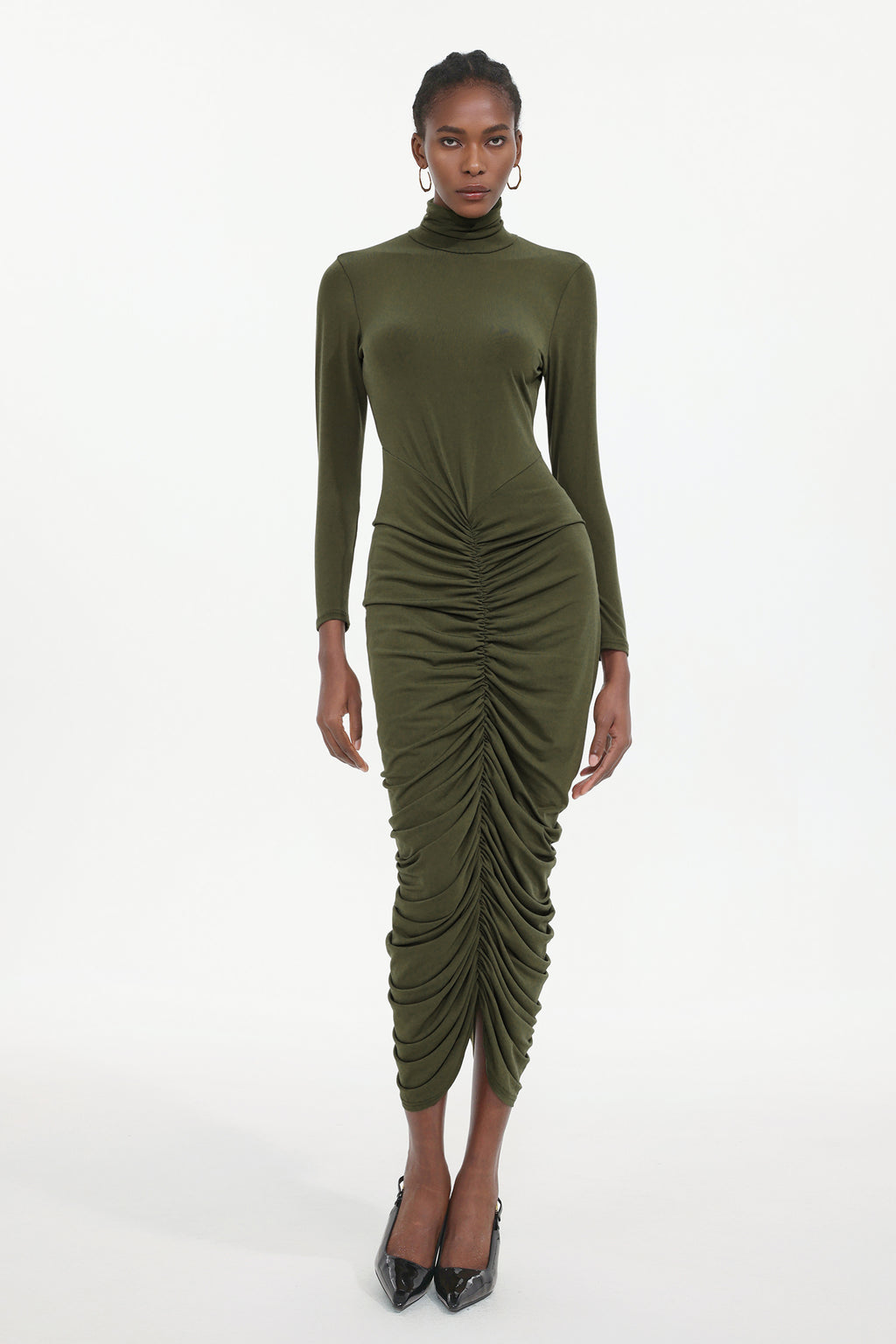Tesare Elegant Contour Long Sleeve Ruched Knit Maxi Dress	