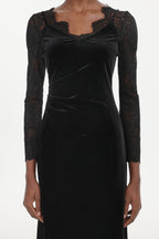 Gianna Elegant Contour Long Sleeve Lace Velvet Maxi Dress	