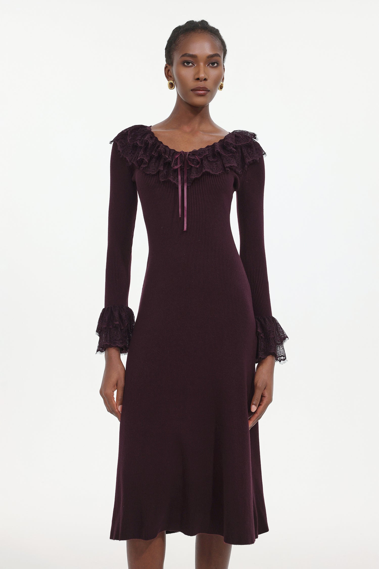 Darja Romantic Flowy Long Sleeve Lace Knit Midi Dress	