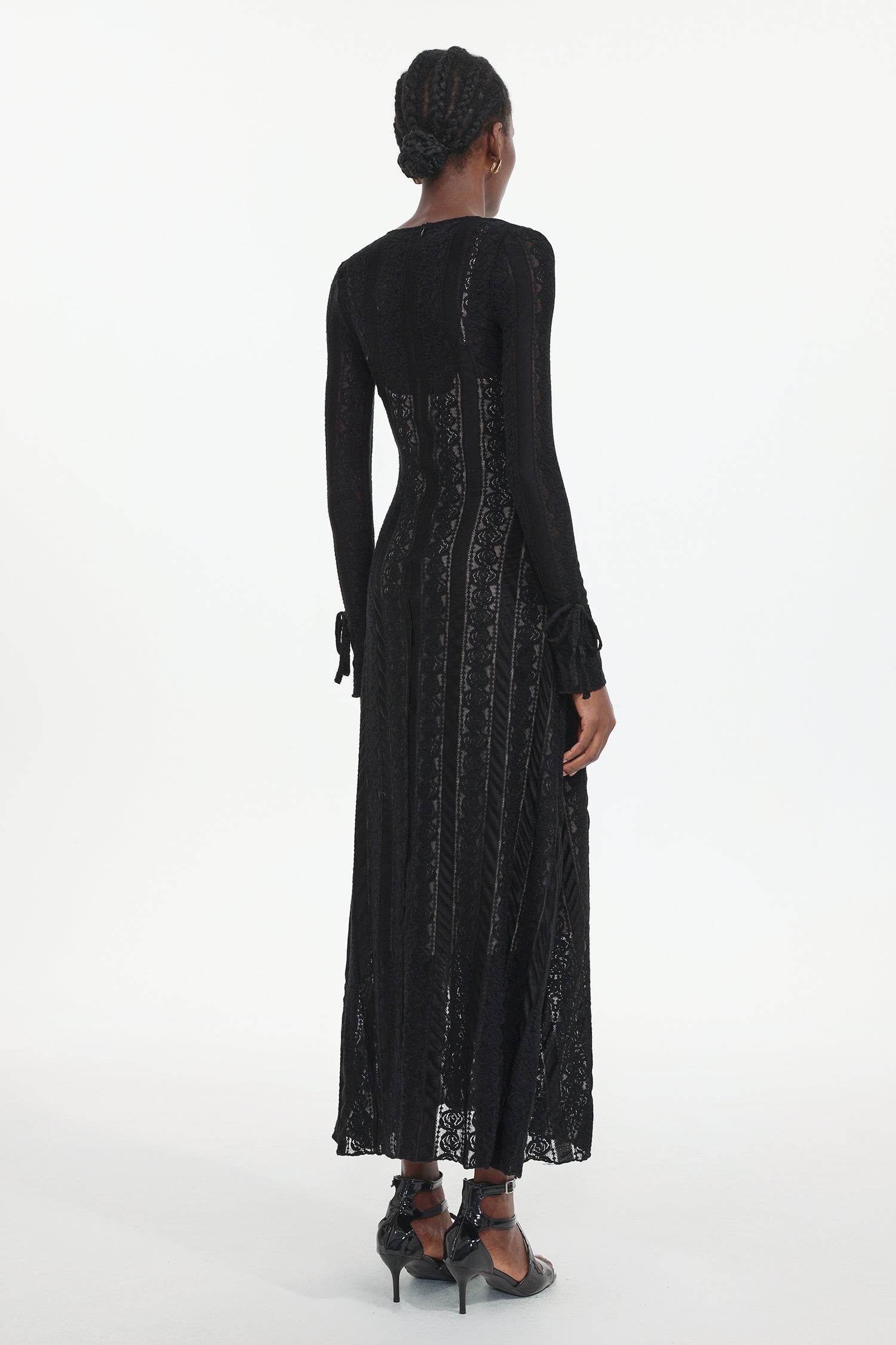 Katya Romantic Contour Long Sleeve Bow Lace Black Maxi Dress	