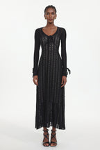 Katya Romantic Contour Long Sleeve Bow Lace Black Maxi Dress	