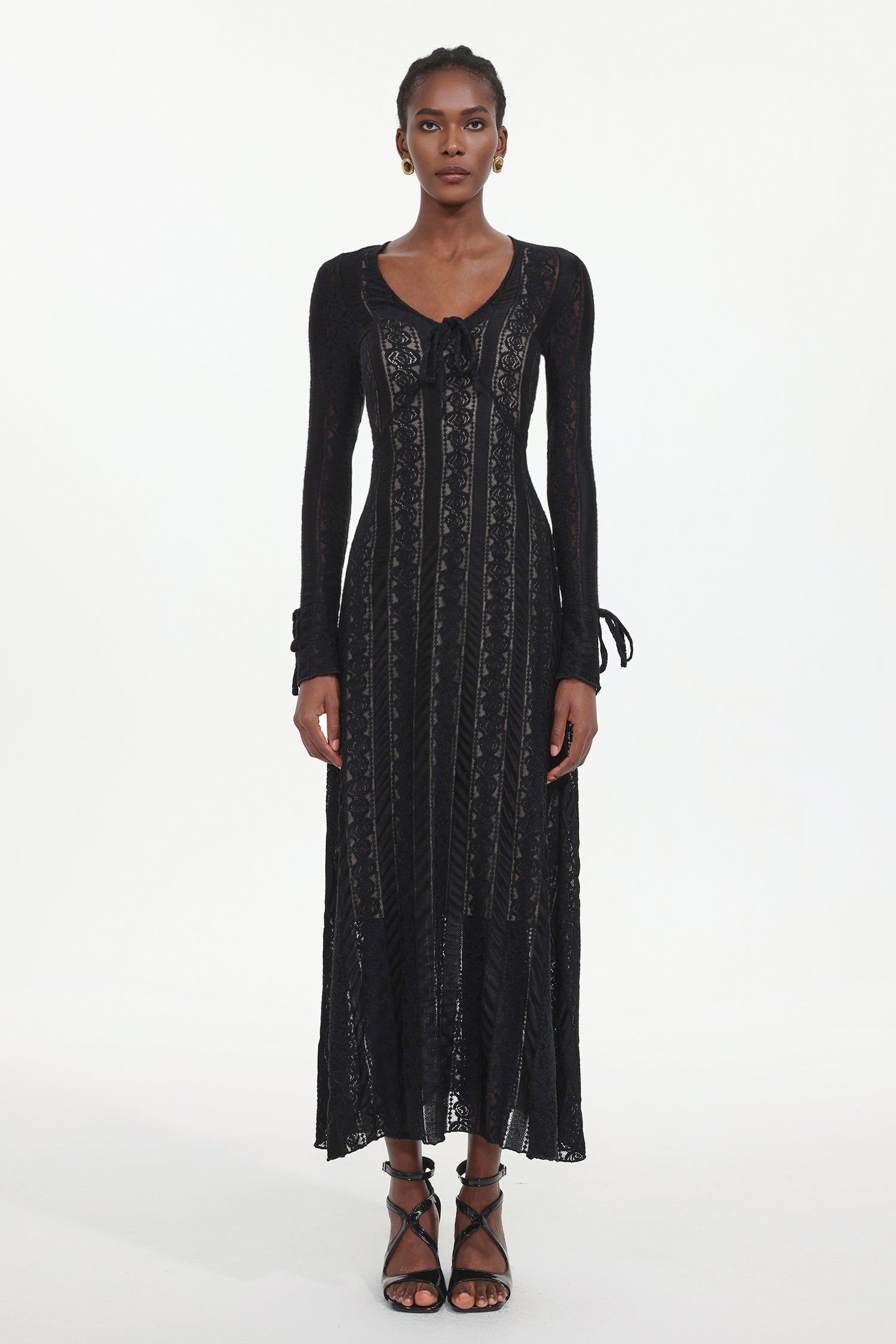 Katya Romantic Contour Long Sleeve Bow Lace Black Maxi Dress	