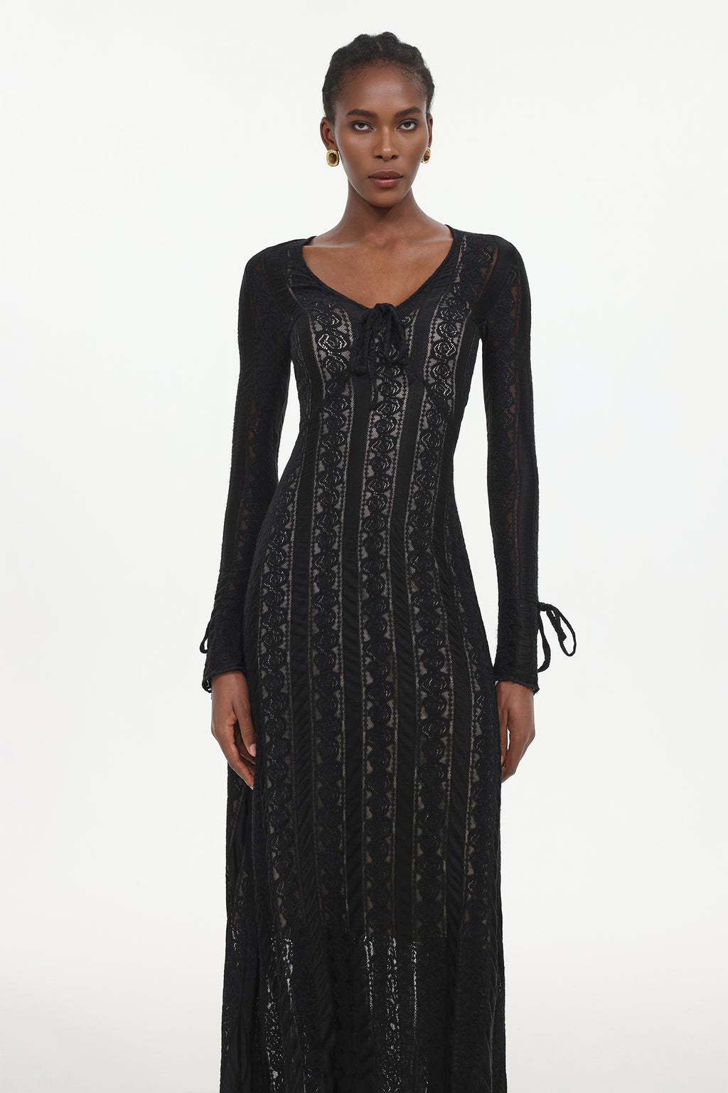 Katya Romantic Contour Long Sleeve Bow Lace Black Maxi Dress	