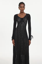 Katya Romantic Contour Long Sleeve Bow Lace Black Maxi Dress	