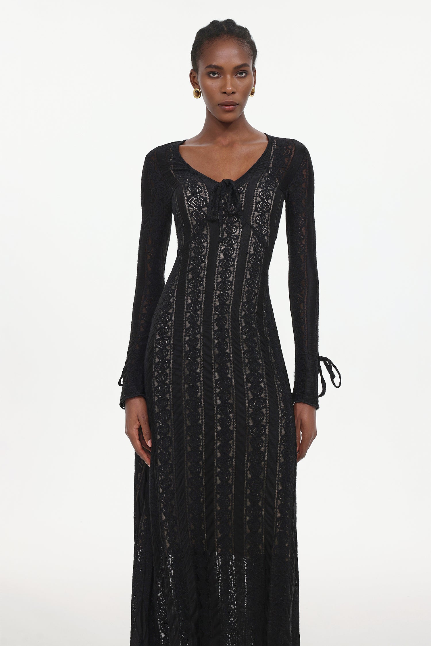 Katya Romantic Contour Long Sleeve Bow Lace Black Maxi Dress	
