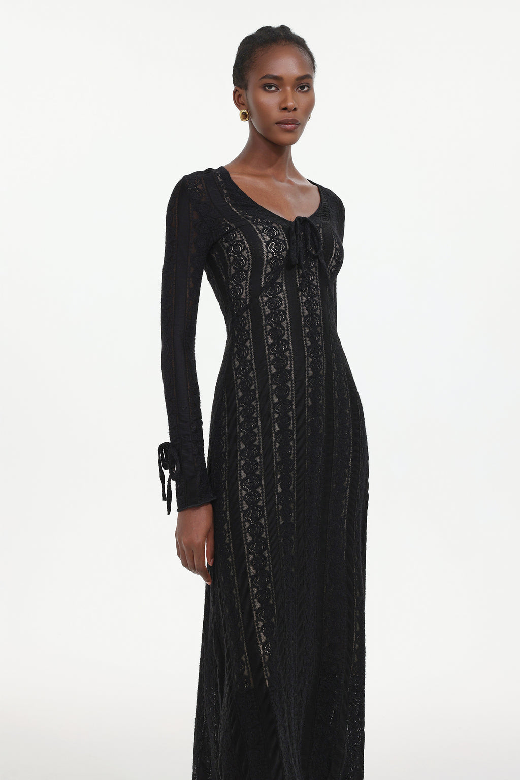 Katya Romantic Contour Long Sleeve Bow Lace Black Maxi Dress	