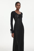Katya Romantic Contour Long Sleeve Bow Lace Black Maxi Dress	