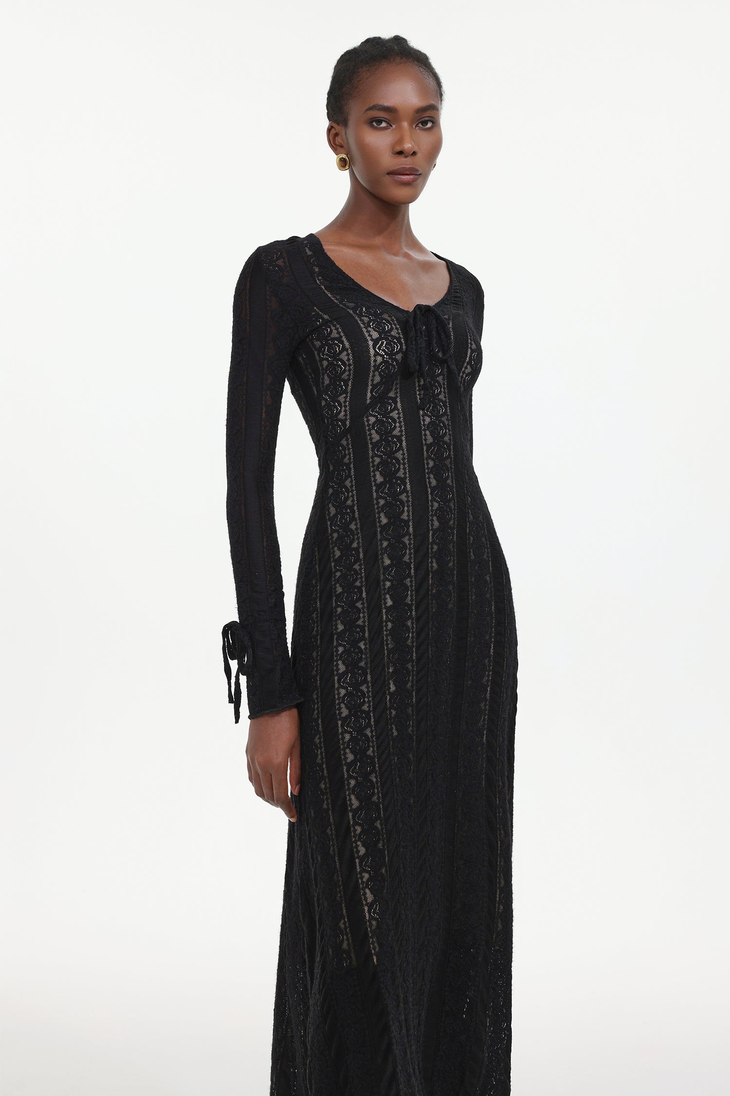 Katya Romantic Contour Long Sleeve Bow Lace Black Maxi Dress	