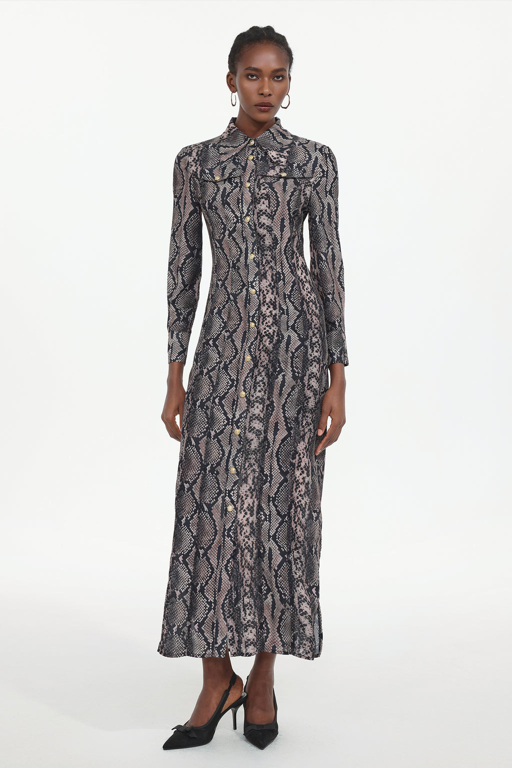 Tinnie Elegant Tailored Long Sleeve Snake Print Woven Maxi Dress	