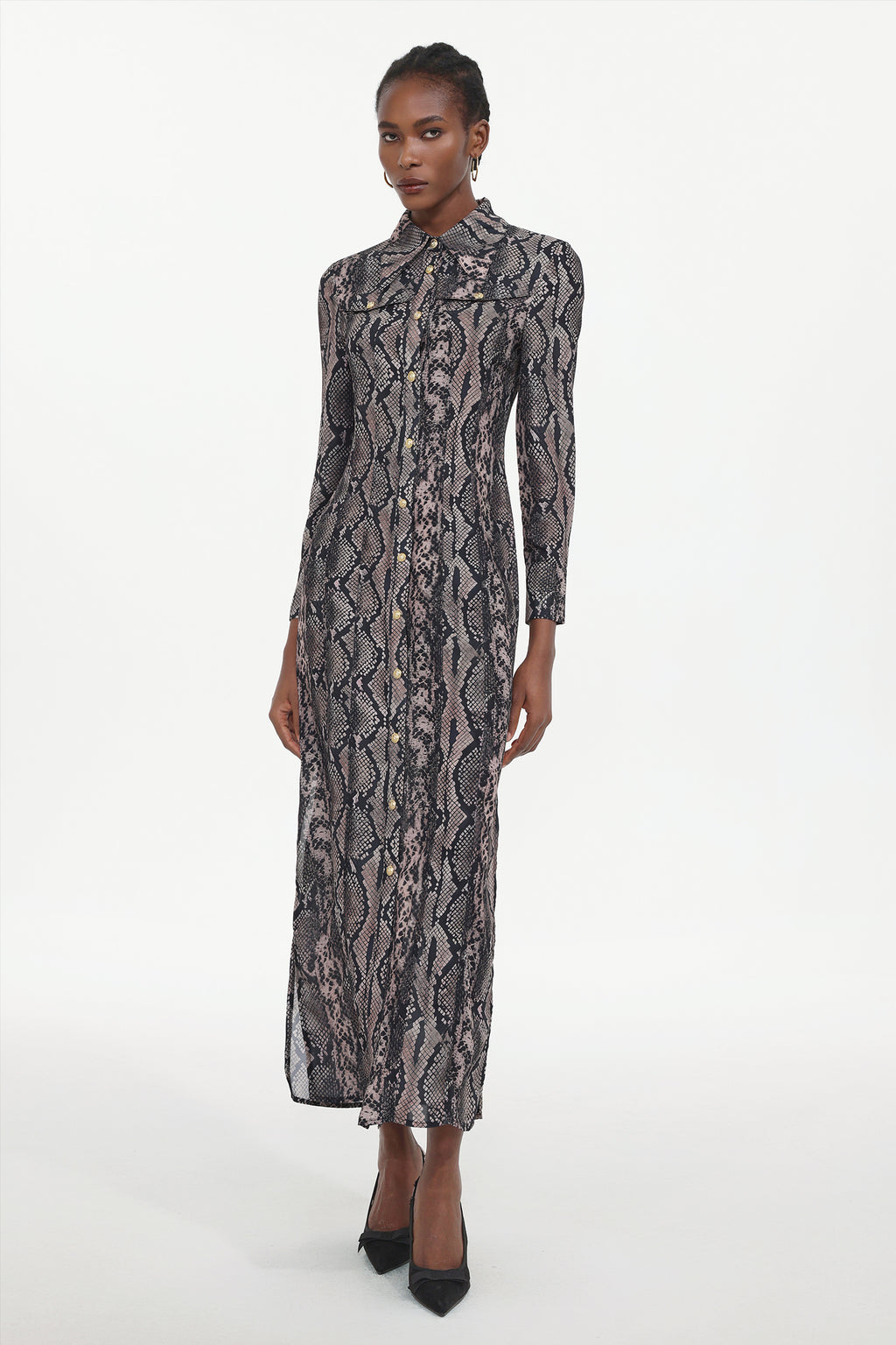 Tinnie Elegant Tailored Long Sleeve Snake Print Woven Maxi Dress	