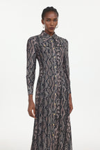 Tinnie Elegant Tailored Long Sleeve Snake Print Woven Maxi Dress	