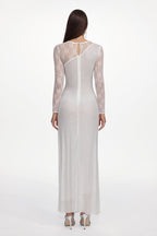 Uabeza Elegant Contour Long Sleeve Ruched Crystal Lace White Maxi Dress	