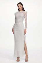 Uabeza Elegant Contour Long Sleeve Ruched Crystal Lace White Maxi Dress	
