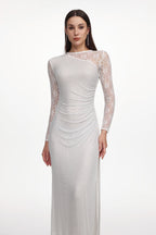 Uabeza Elegant Contour Long Sleeve Ruched Crystal Lace White Maxi Dress	