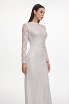 Uabeza Elegant Contour Long Sleeve Ruched Crystal Lace White Maxi Dress	