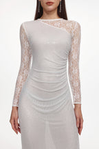 Uabeza Elegant Contour Long Sleeve Ruched Crystal Lace White Maxi Dress	
