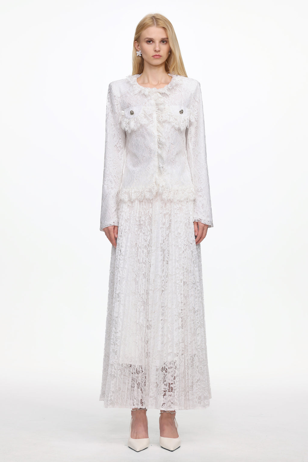 Saga Romantic Tailored Long Sleeve Lace Jacket and Skirt Set	