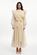 Nomi Resort Flowy Long Sleeve Ruffle Rhinestone Woven Maxi Dress	