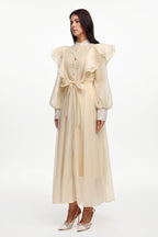 Nomi Resort Flowy Long Sleeve Ruffle Rhinestone Woven Maxi Dress	