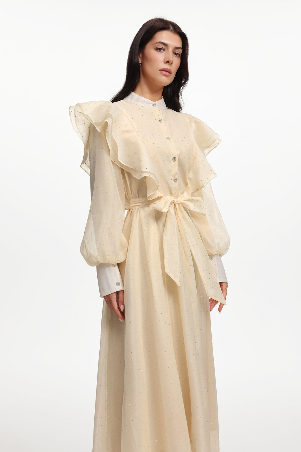 Nomi Resort Flowy Long Sleeve Ruffle Rhinestone Woven Maxi Dress	