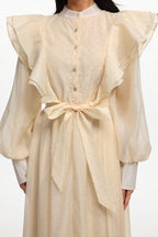 Nomi Resort Flowy Long Sleeve Ruffle Rhinestone Woven Maxi Dress	