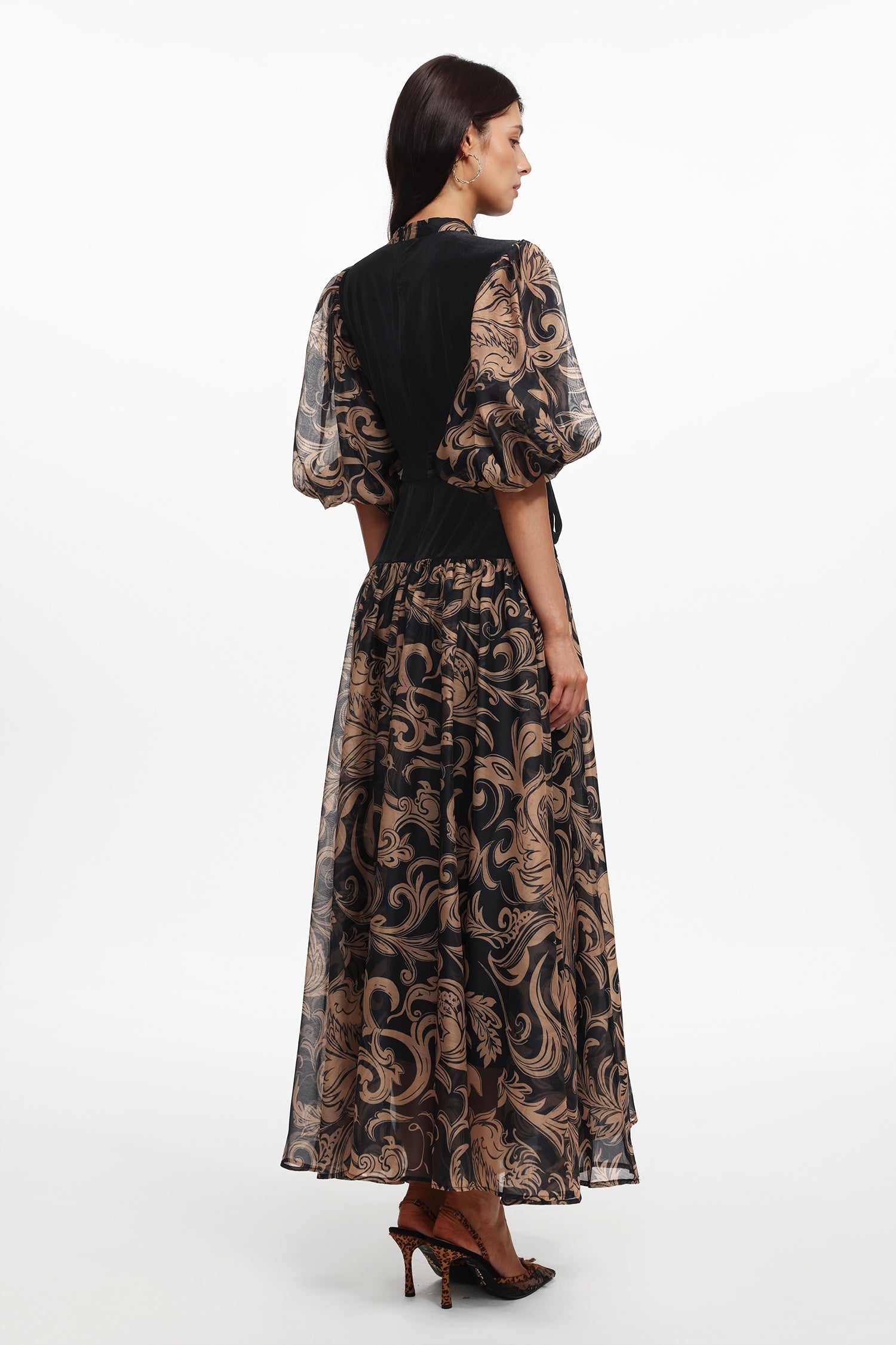 Secyij Resort Flowy Puff Sleeve Printed Woven Maxi Dress	