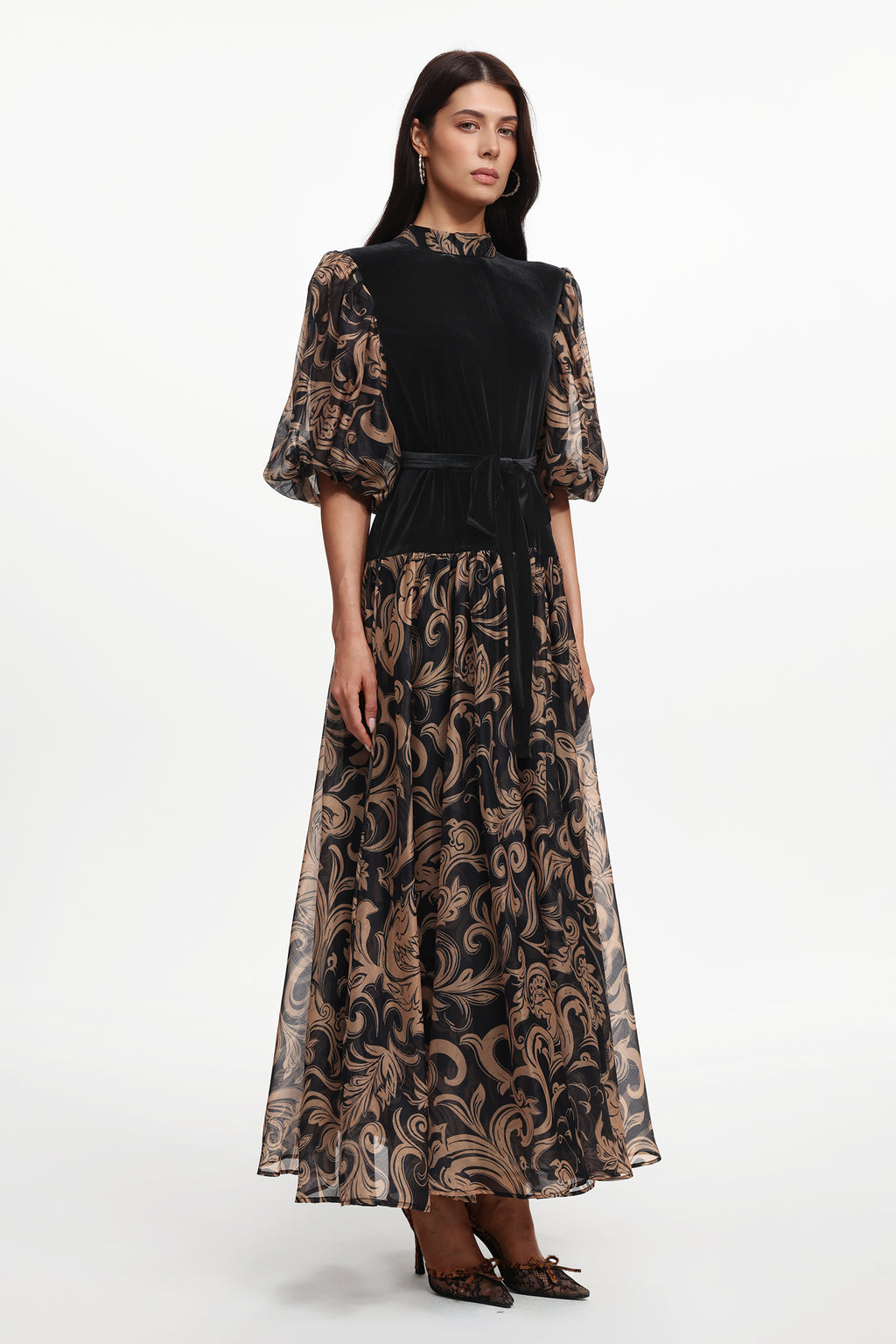 Secyij Resort Flowy Puff Sleeve Printed Woven Maxi Dress	