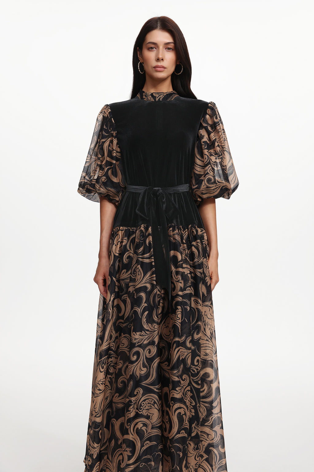 Secyij Resort Flowy Puff Sleeve Printed Woven Maxi Dress	