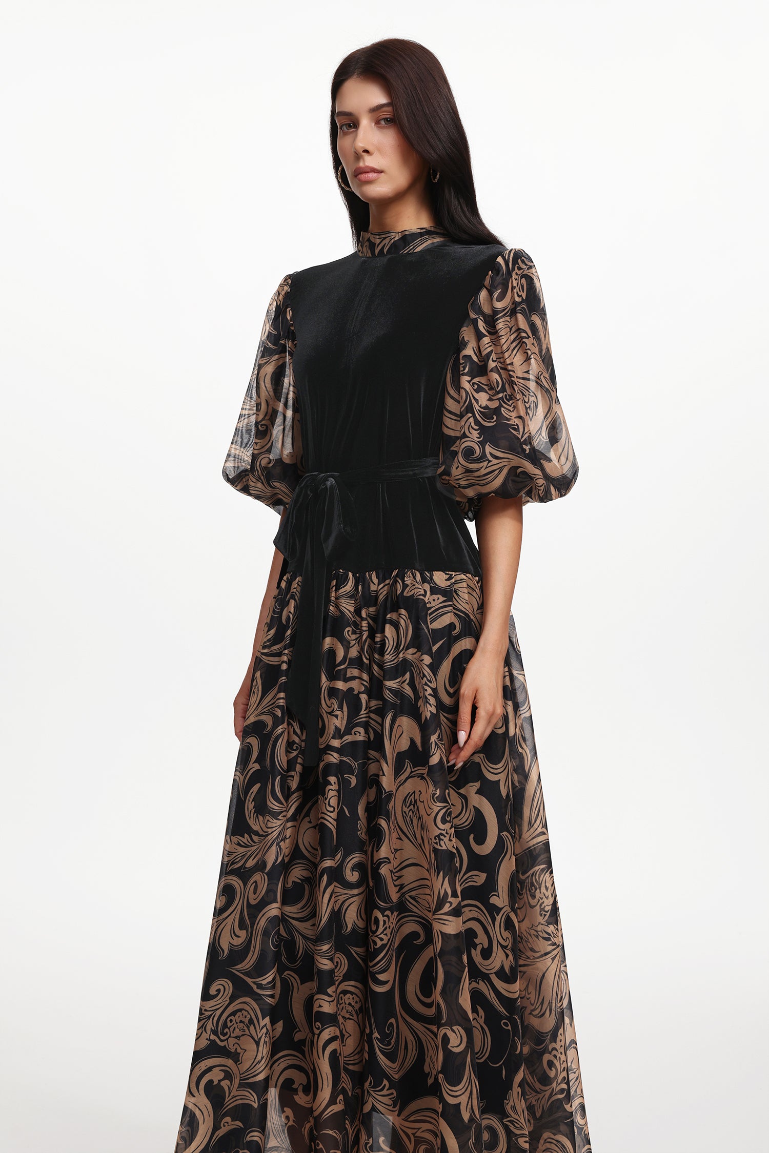 Secyij Resort Flowy Puff Sleeve Printed Woven Maxi Dress	