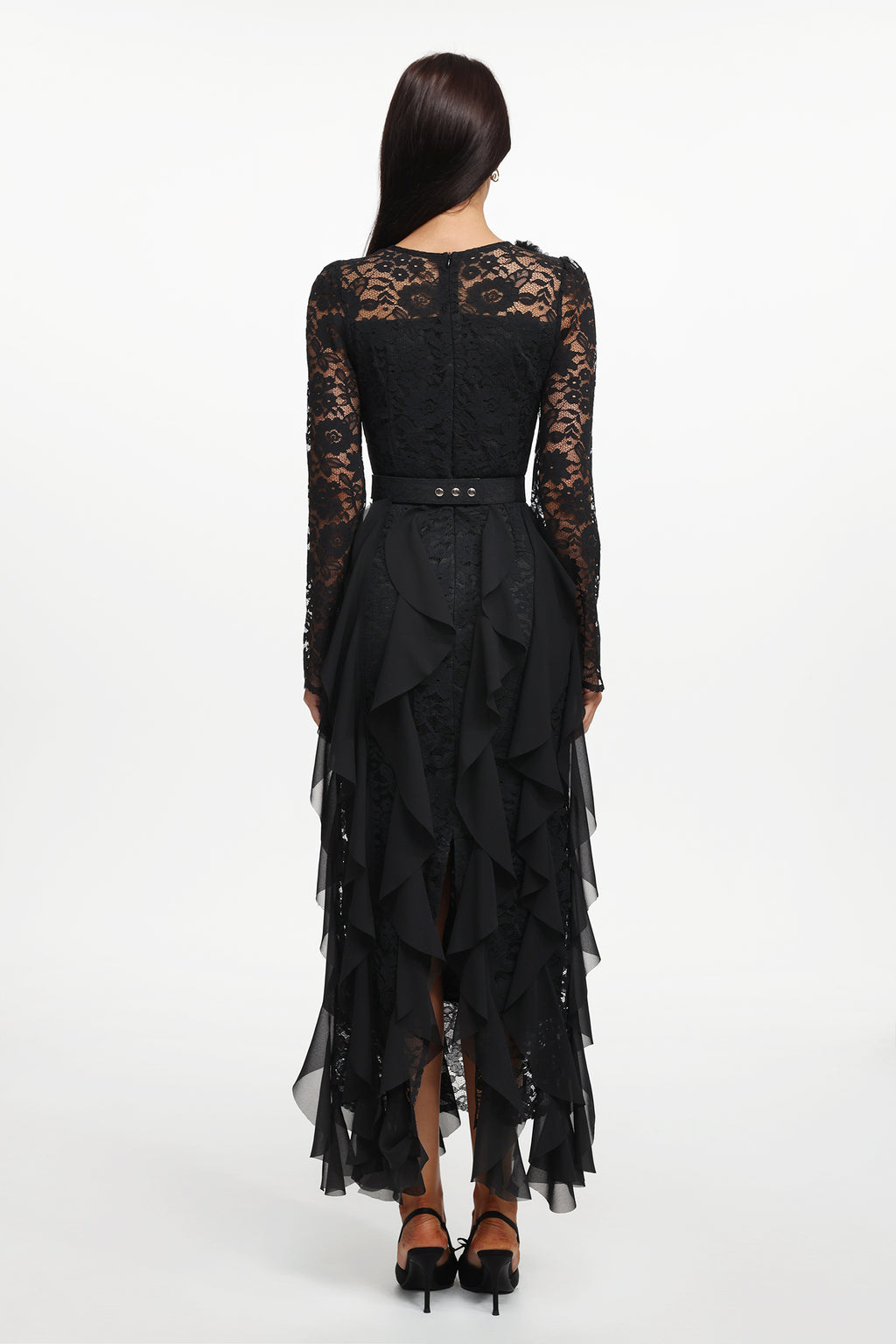 Eyola Elegant Flowy Long Sleeve Lace Ruffle Woven Maxi Dress	