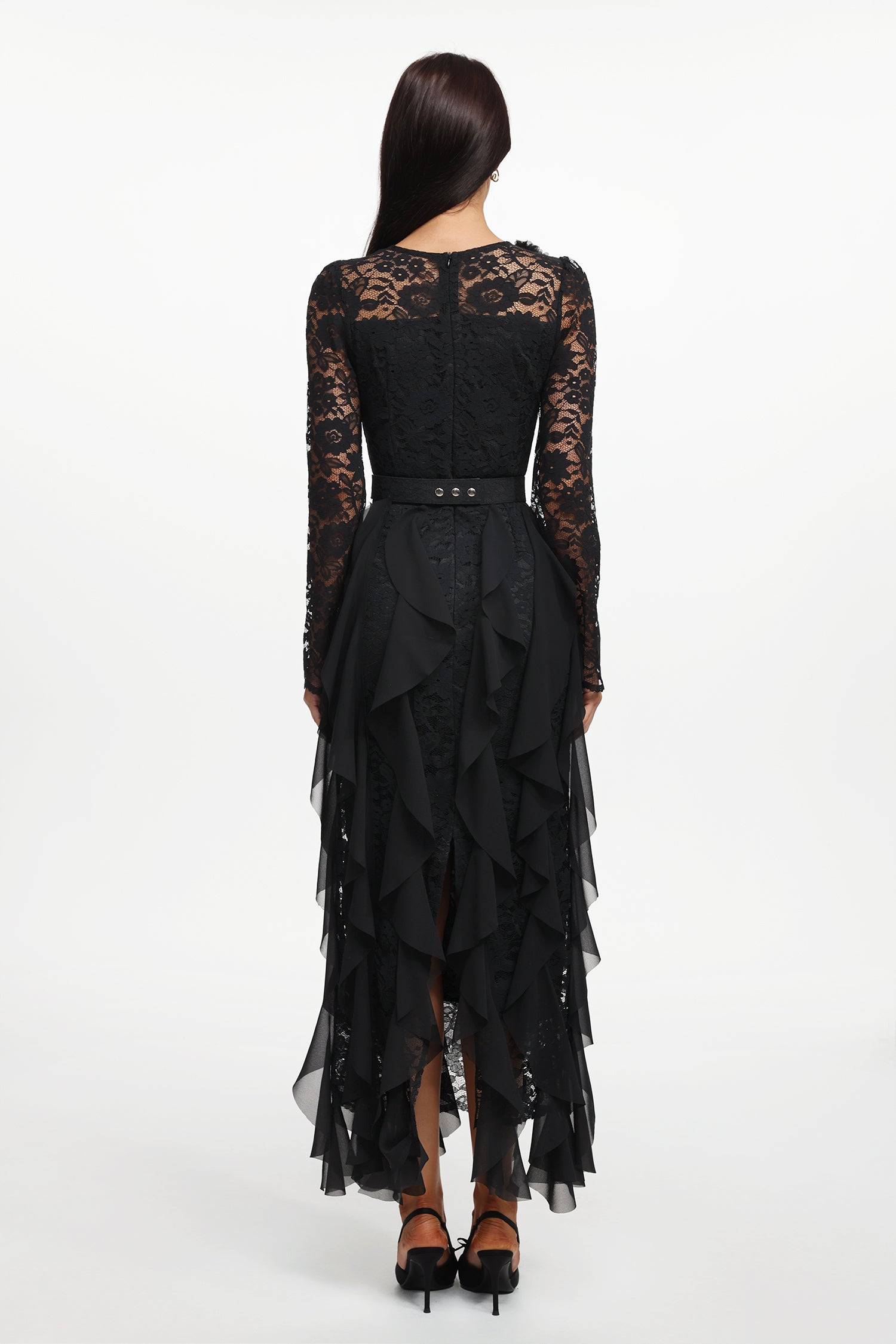 Eyola Elegant Flowy Long Sleeve Lace Ruffle Woven Maxi Dress	