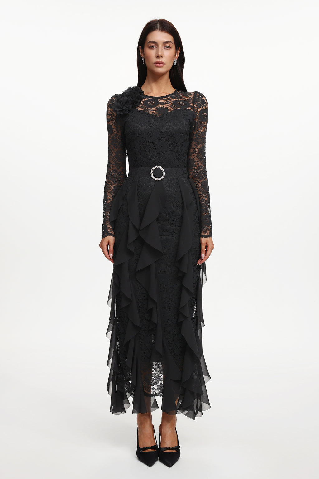 Eyola Elegant Flowy Long Sleeve Lace Ruffle Woven Maxi Dress	