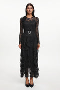 Eyola Elegant Flowy Long Sleeve Lace Ruffle Woven Maxi Dress	