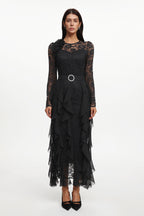 Eyola Elegant Flowy Long Sleeve Lace Ruffle Woven Maxi Dress	