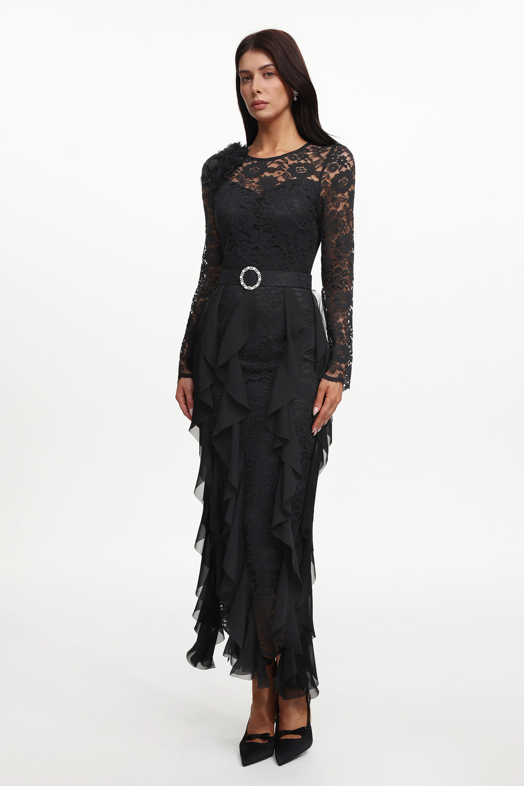 Eyola Elegant Flowy Long Sleeve Lace Ruffle Woven Maxi Dress	