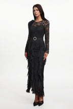 Eyola Elegant Flowy Long Sleeve Lace Ruffle Woven Maxi Dress	